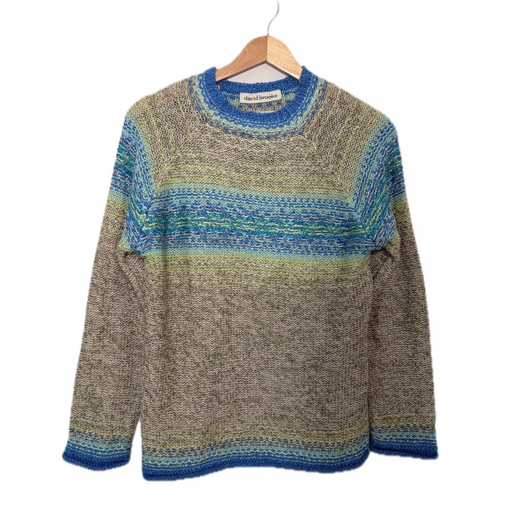 David Brooks Silk Blend Sweater S Blue Green Hand Knitted Crewneck Striped